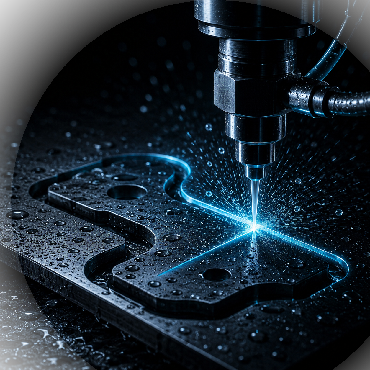 Waterjet nozzle cutting a dark wet steel plate with cyan glow