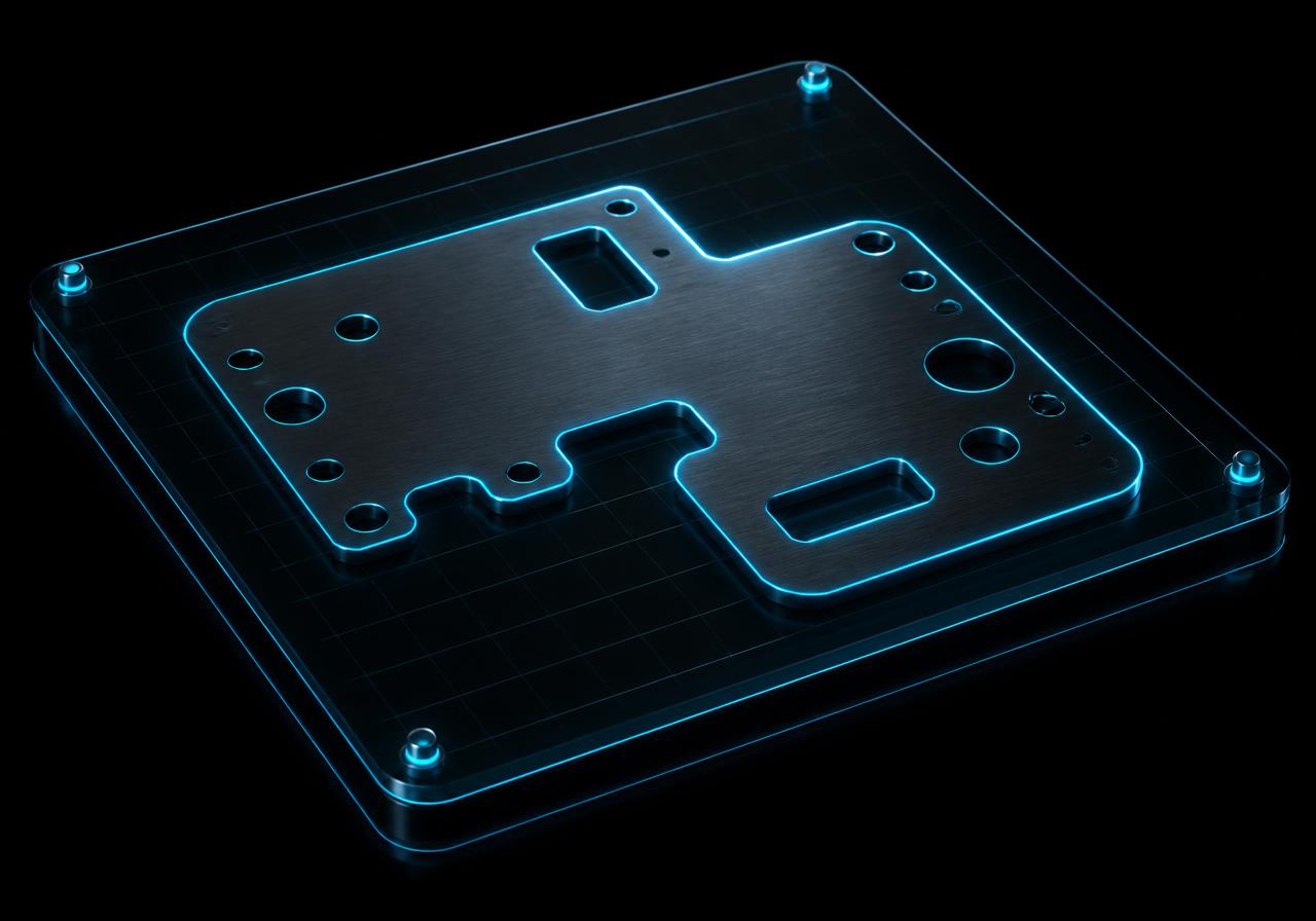 Glowing blueprint of a flat-pattern part with cyan cut outlines
